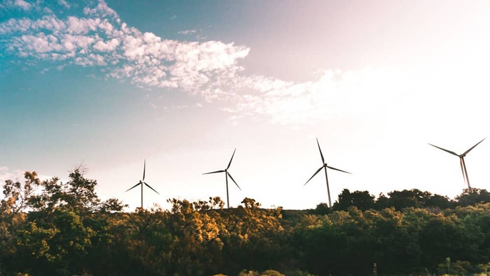 vier windmolens in landschap