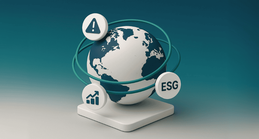Abstract globe with layered icons for risk, investment, and ESG orbiting around it
