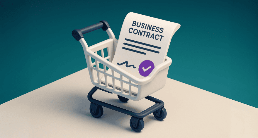 a shopping cart with a business contract in it