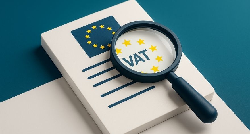 Magnifying glass inspecting an EU document with stars symbolizing European VAT validation