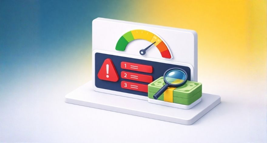 dashboard with warning signs and a pile of cash under a magnifying glass